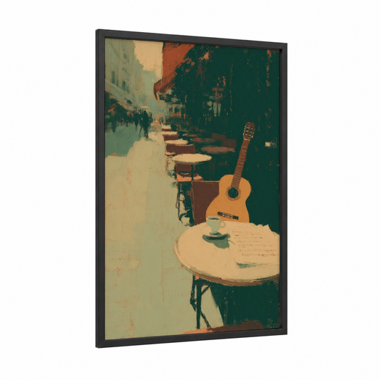 Café Guitar framed acoustic guitar print — black wood frame — cream palette