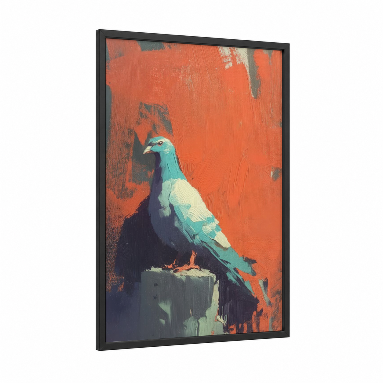 Turquoise Pigeon framed art print — black wood frame — orange and teal palette