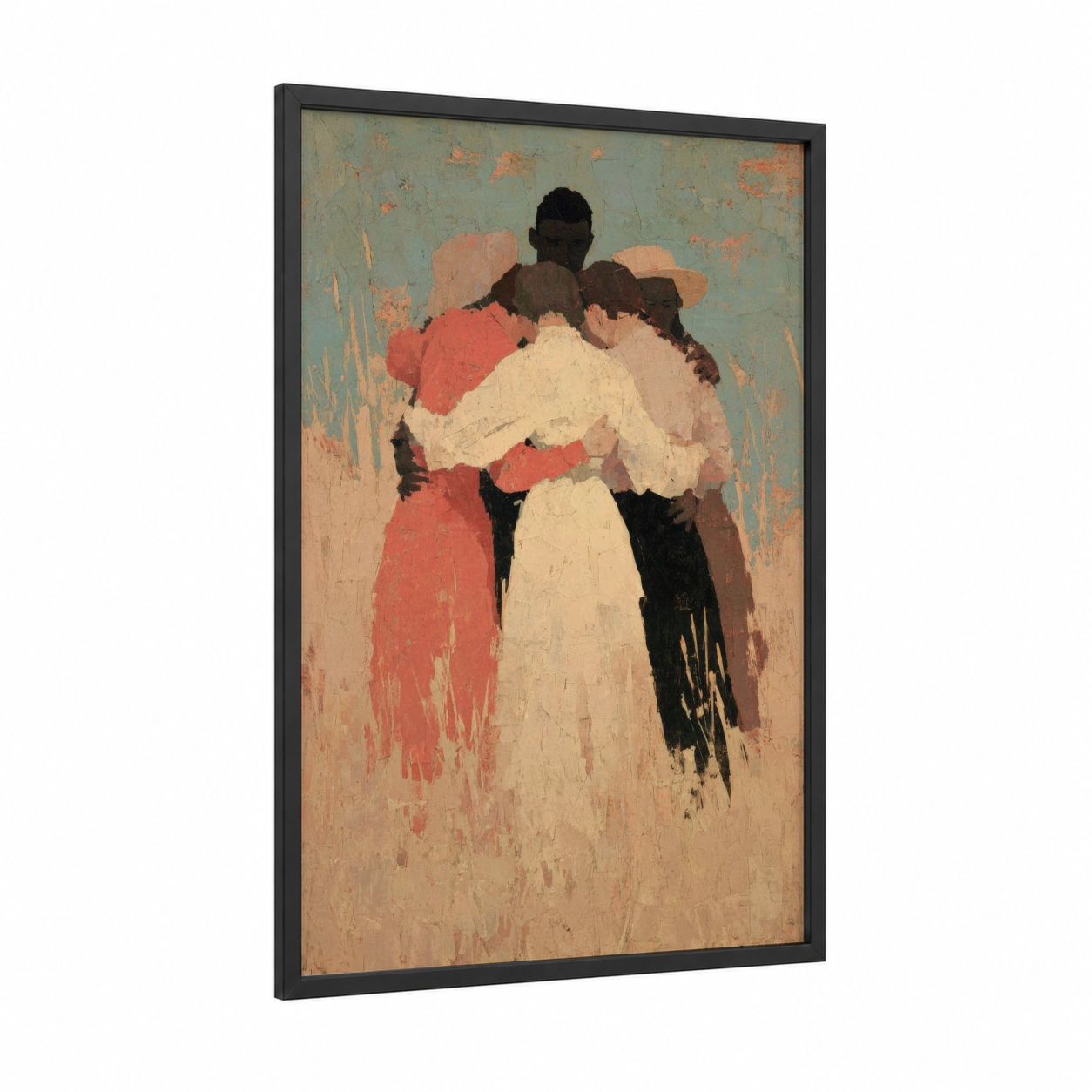 Unity Embrace framed juneteenth print — black wood frame — cream and salmon pink palette