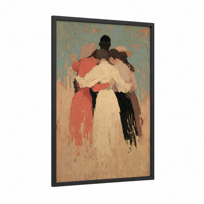 Unity Embrace framed juneteenth print — black wood frame — cream and salmon pink palette
