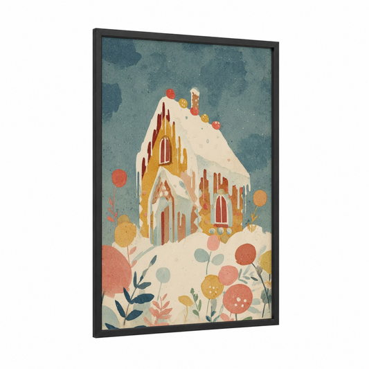Gingerbread House framed sweet print — black wood frame — teal and gold palette