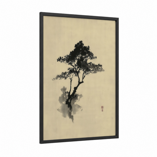 Windswept Acacia framed savanna and desert trees print — black wood frame — black and white and cream palette