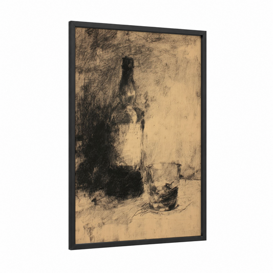 Whiskey Still Life framed art print — black wood frame — black and white and cream palette