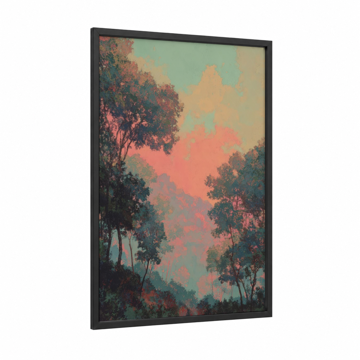 Crimson Oak Forest framed art print — black wood frame — salmon pink and sage green palette