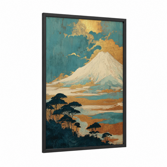 Mount Fuji Landscape framed art print — black wood frame — teal and gold and white palette