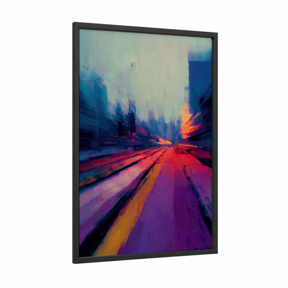 Neon Highway Rush framed road and highways print — black wood frame — blue and magenta palette