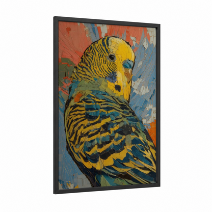 Yellow Budgie Portrait framed budgeridar print — black wood frame — yellow and blue palette