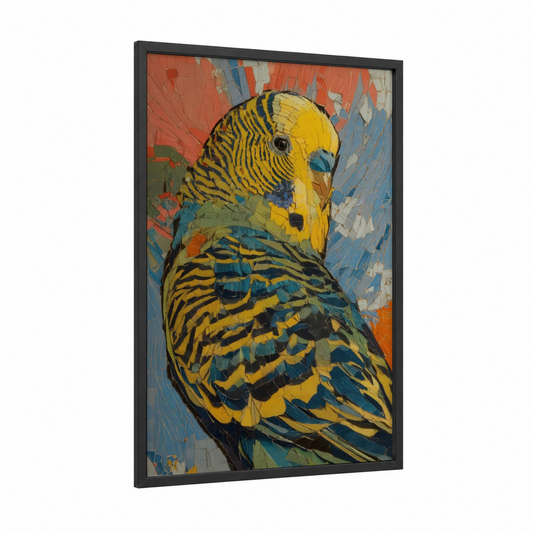 Yellow Budgie Portrait framed budgeridar print — black wood frame — yellow and blue palette