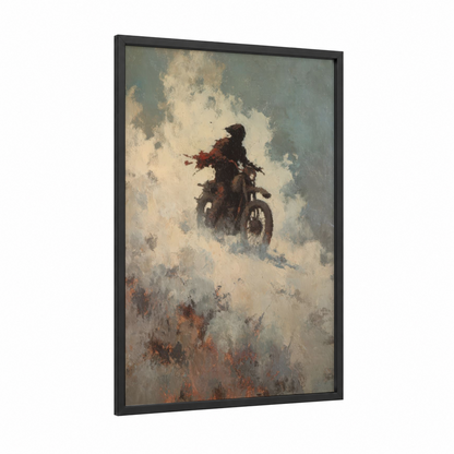 Snowy Rider framed vintage motorcycle print — black wood frame — cream and russet palette