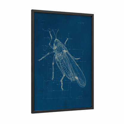 Blueprint Grasshopper framed art print — black wood frame — dark blue and cream palette