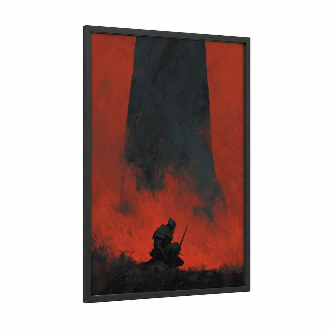 Shadow Warrior framed dark fantasy print — black wood frame — red and black palette