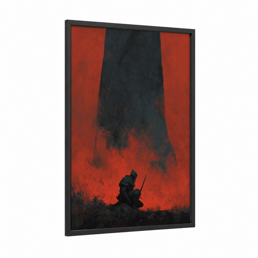 Shadow Warrior framed dark fantasy print — black wood frame — red and black palette