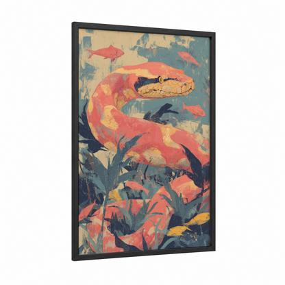 Coral Boa Constrictor framed art print — black wood frame — red and gold palette