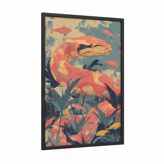 Coral Boa Constrictor framed art print — black wood frame — red and gold palette