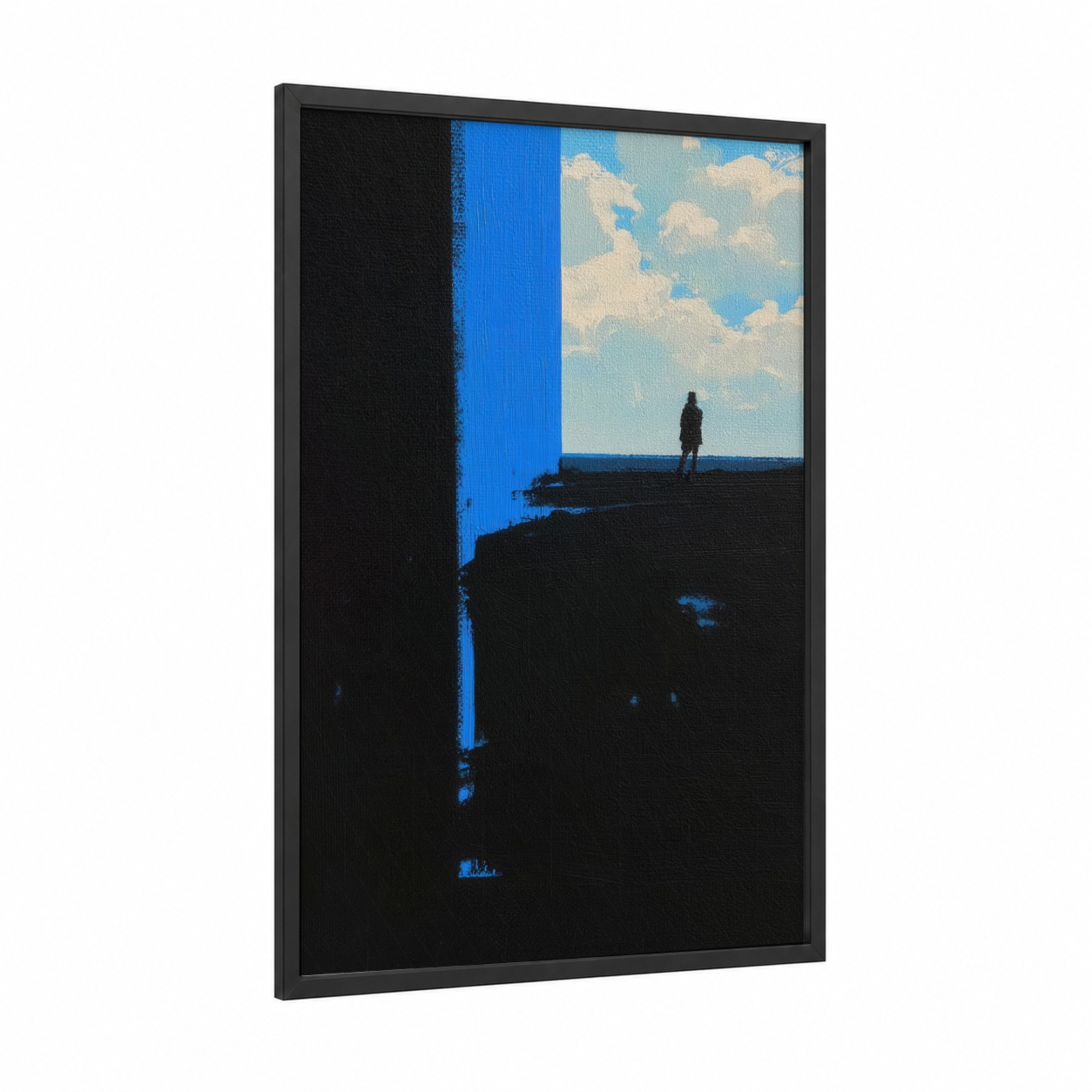 Solitary Contemplation framed abstract classic print — black wood frame — blue and black and white palette