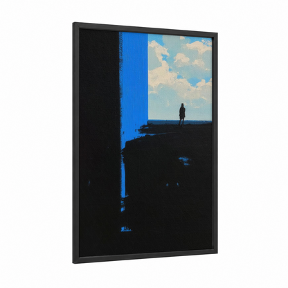 Solitary Contemplation framed abstract classic print — black wood frame — blue and black and white palette