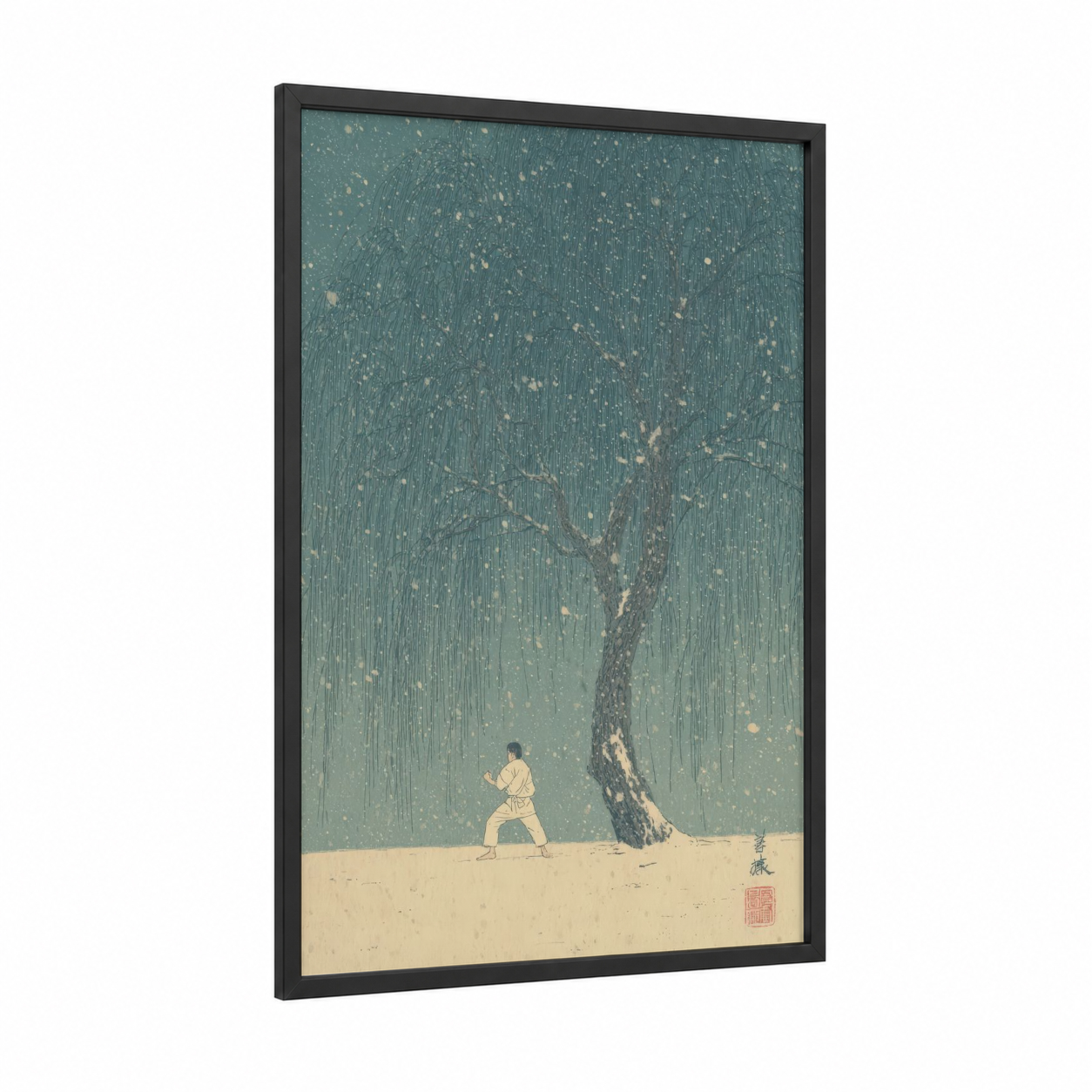 Willow Warrior framed taekwondo print — black wood frame — sage green and cream palette