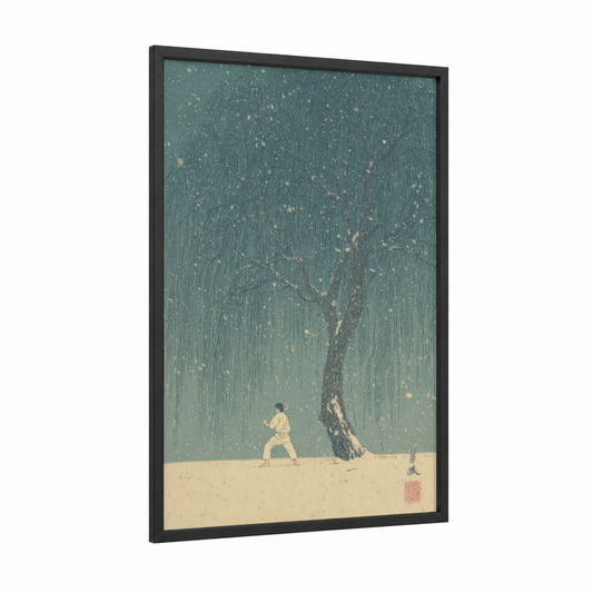 Willow Warrior framed taekwondo print — black wood frame — sage green and cream palette