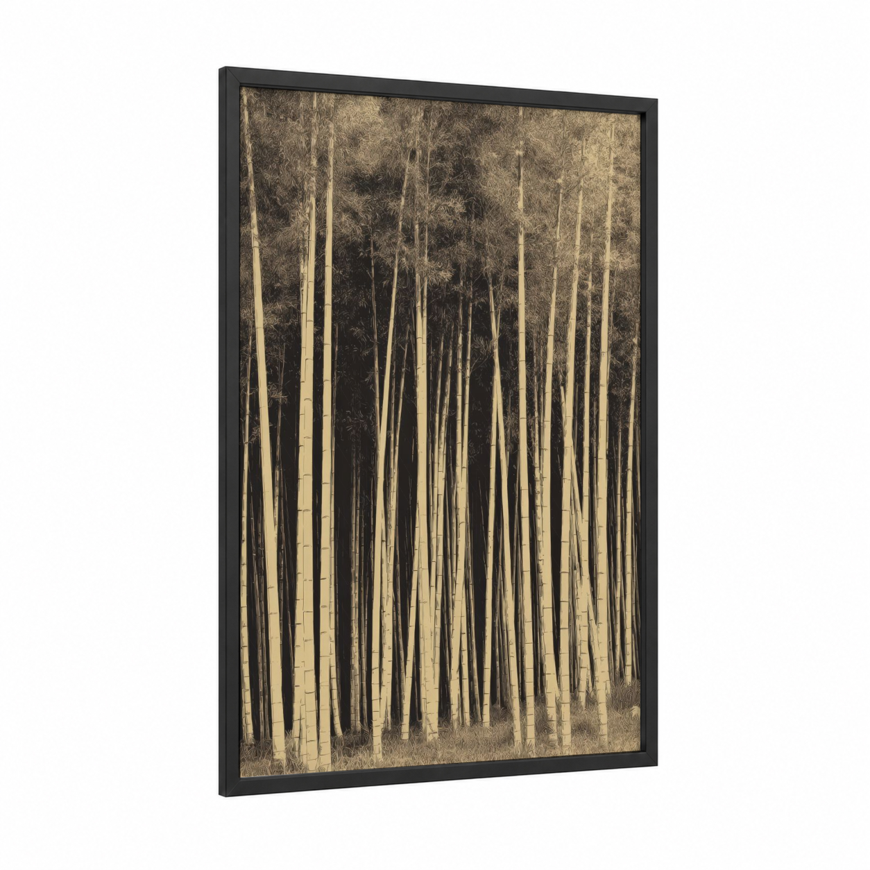 Misty Bamboo Forest framed bamboo jungle print — black wood frame — beige and black and white palette