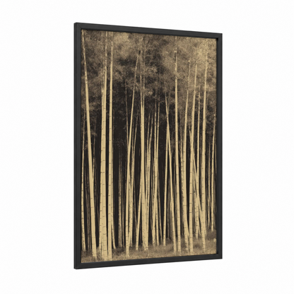 Misty Bamboo Forest framed bamboo jungle print — black wood frame — beige and black and white palette