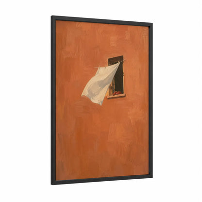 Tuscan Window With Flowing Curtain Wall Art framed art print — black wood frame — orange and peach palette