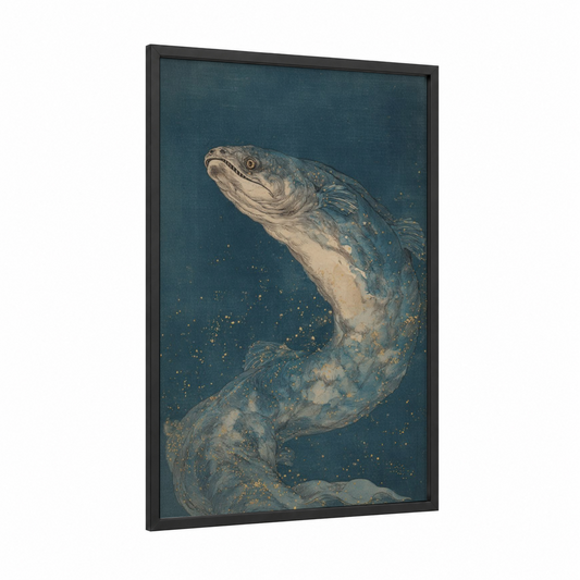 Golden Eel framed eels print — black wood frame — dark blue and gold palette