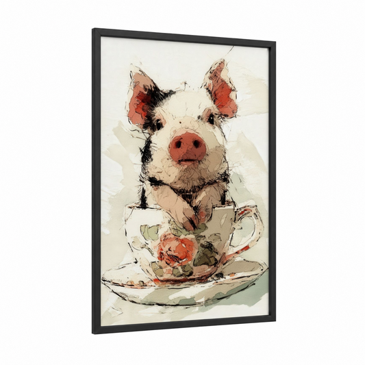 Teacup Pig framed art print — black wood frame — cream and russet palette