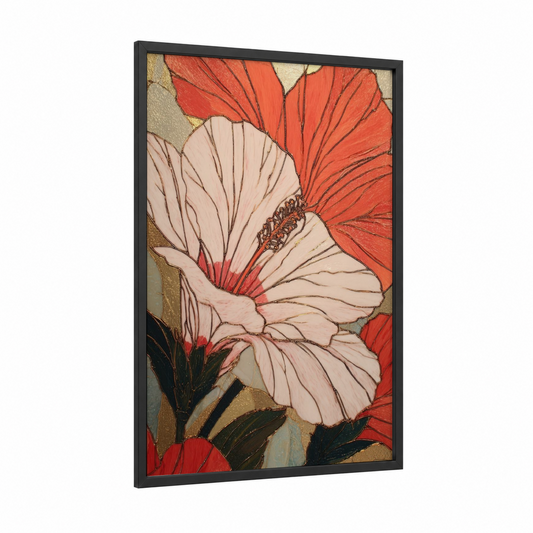 Cream Hibiscus framed art print — black wood frame — peach and beige palette