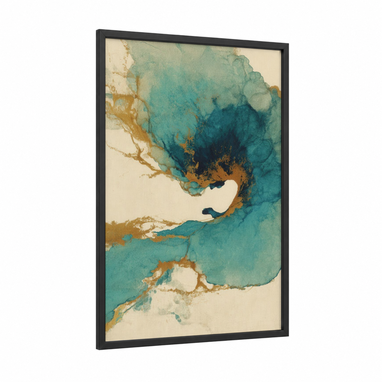 Teal Nautilus framed art print — black wood frame — teal and gold palette