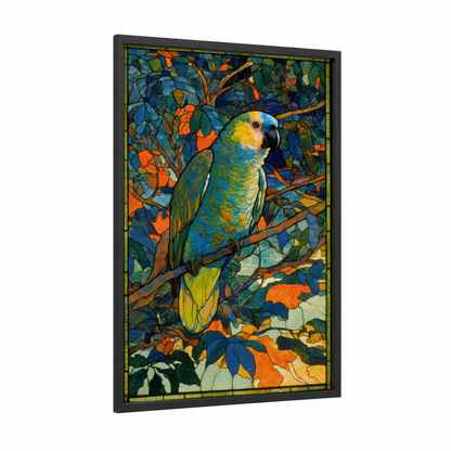 Tropical Parrot framed safari parrots print — black wood frame — blue and orange palette