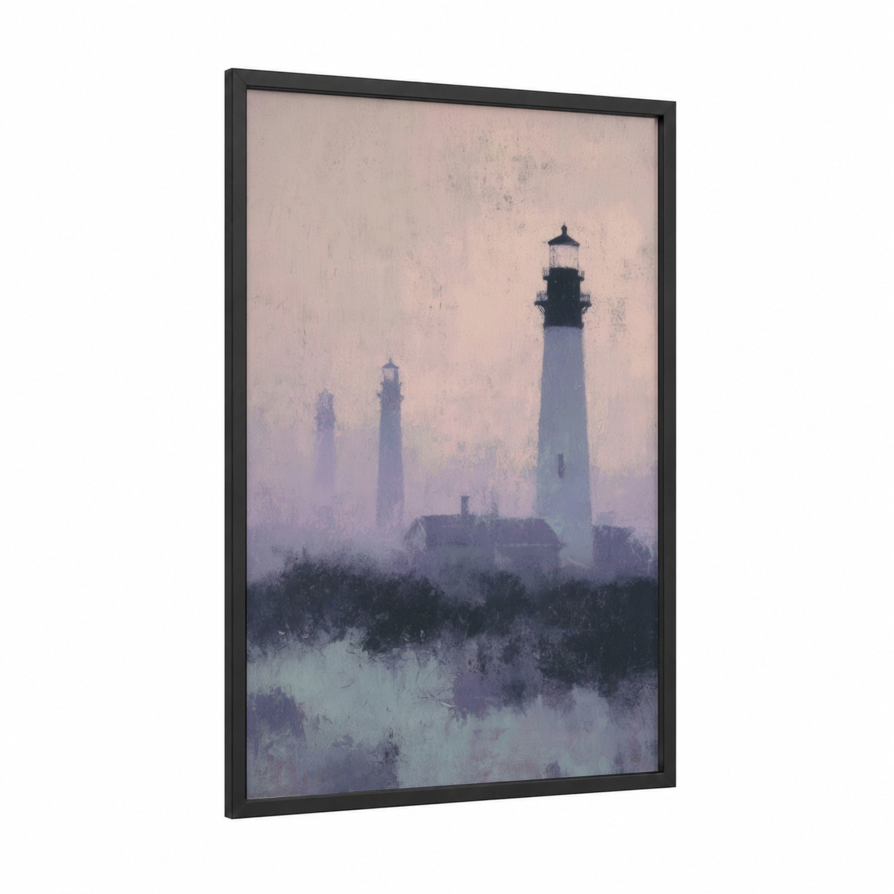 Misty Lighthouse Dawn framed art print — black wood frame — lavender and gray and white palette