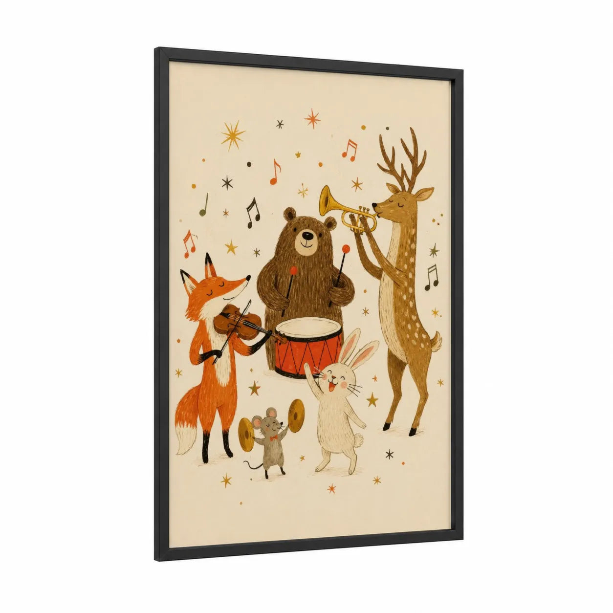 Woodland Animal Musicians Wall Art framed bear print — black wood frame — beige and gamboge palette