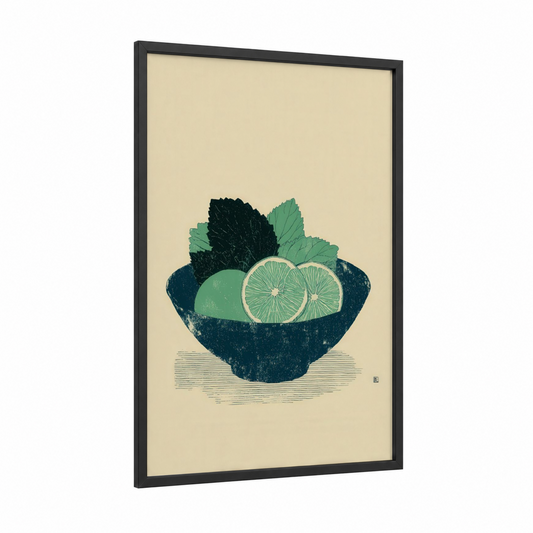 Citrus Salad Bowl framed art print — black wood frame — teal and cream palette