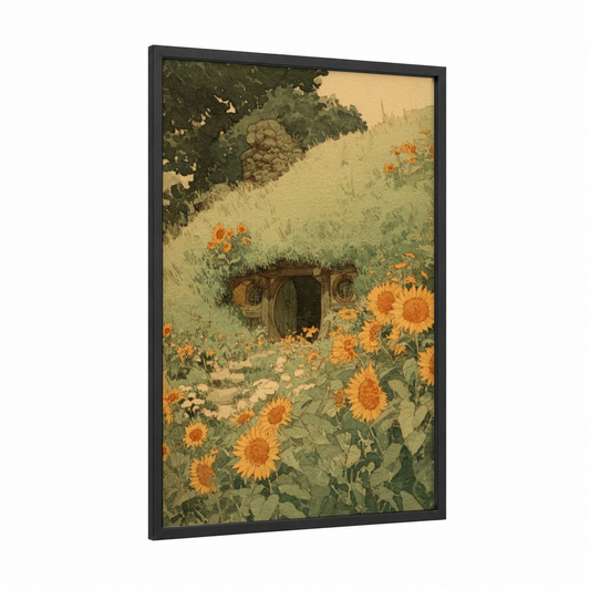Hobbit Hole Garden framed fairytale print — black wood frame — gold and light green palette