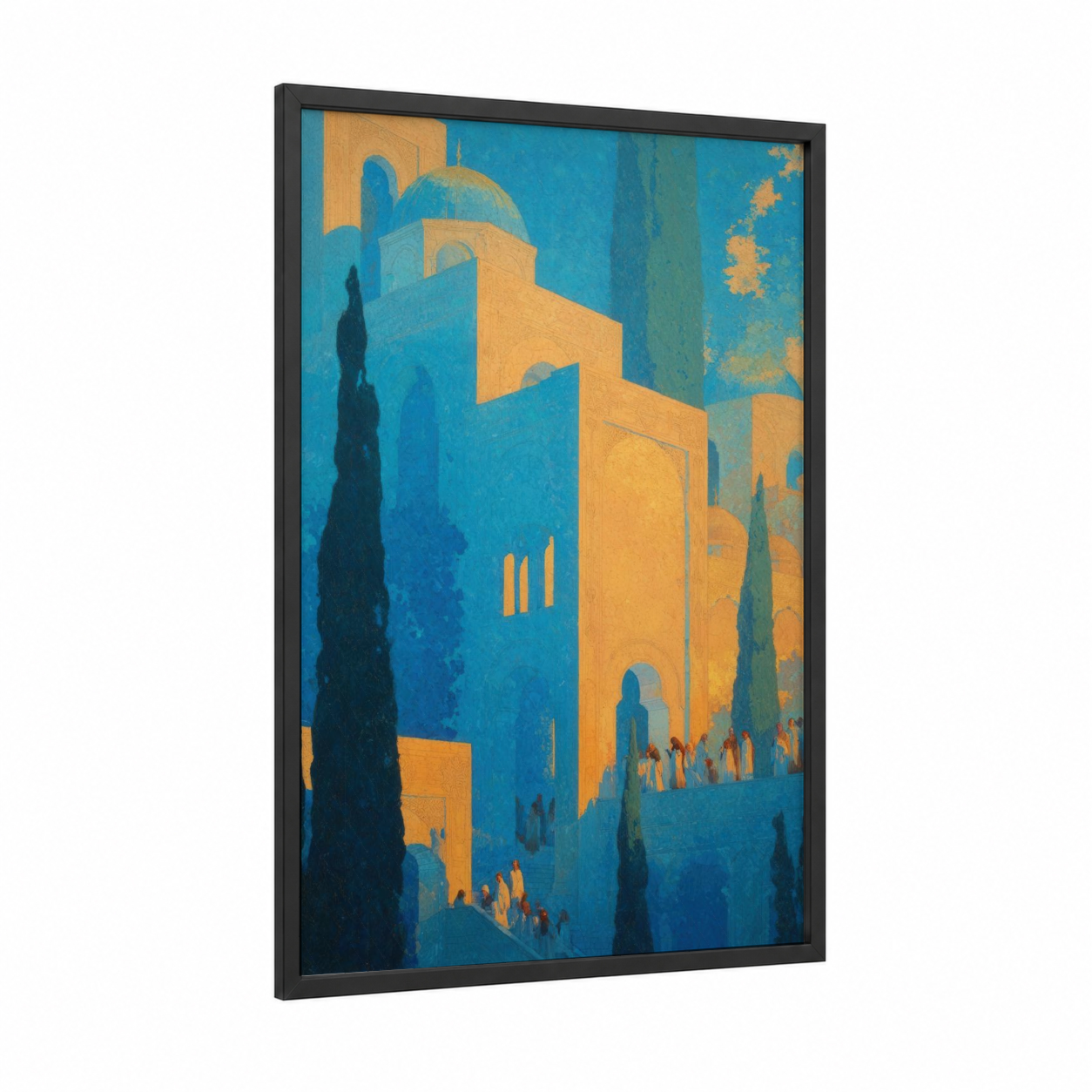 Golden Cathedral Procession framed all saints day print — black wood frame — gold and blue palette