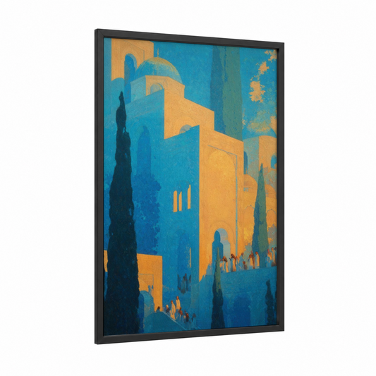 Golden Cathedral Procession framed all saints day print — black wood frame — gold and blue palette