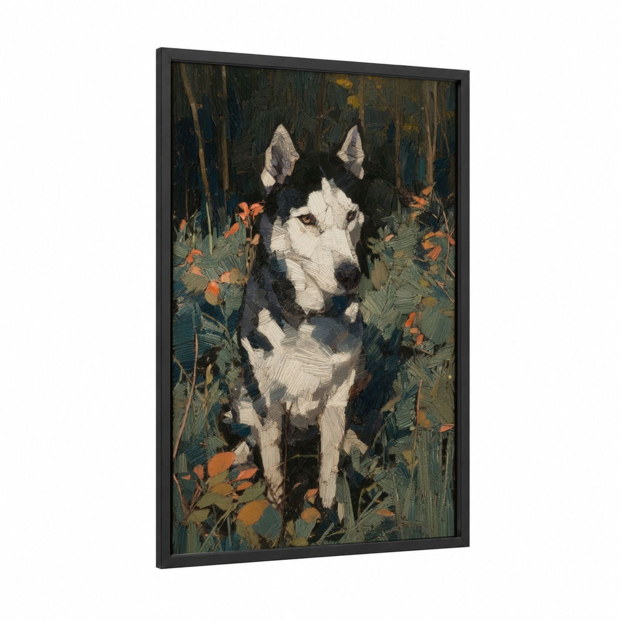 Garden Husky framed art print — black wood frame — black and white and olive palette