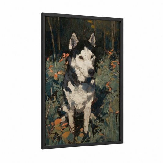 Garden Husky framed art print — black wood frame — black and white and olive palette