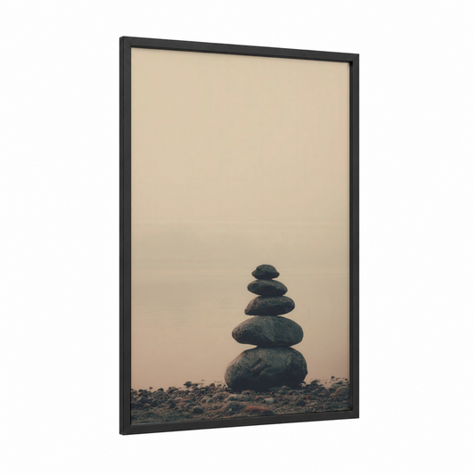 Balanced Stones framed natural stones print — black wood frame — beige and gray palette