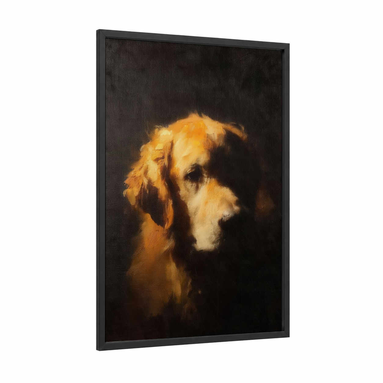 Golden Retriever Portrait framed art print — black wood frame — gold and black palette