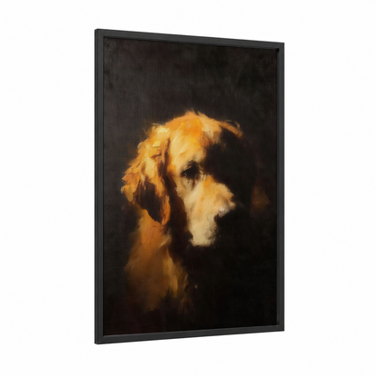 Golden Retriever Portrait framed art print — black wood frame — gold and black palette
