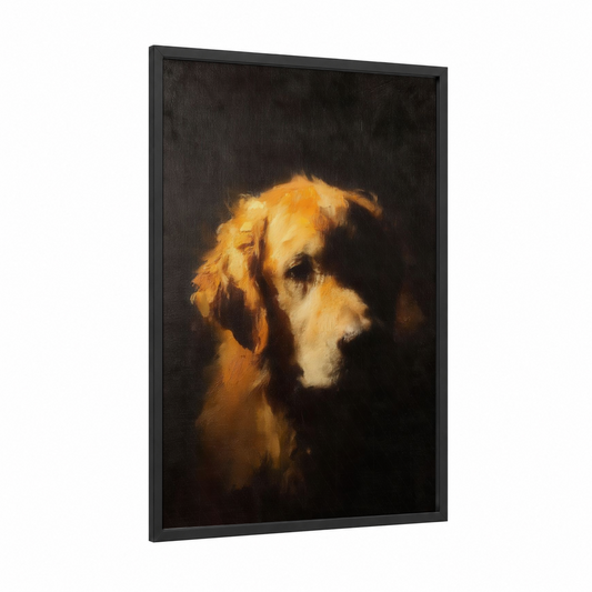 Golden Retriever Portrait framed art print — black wood frame — gold and black palette