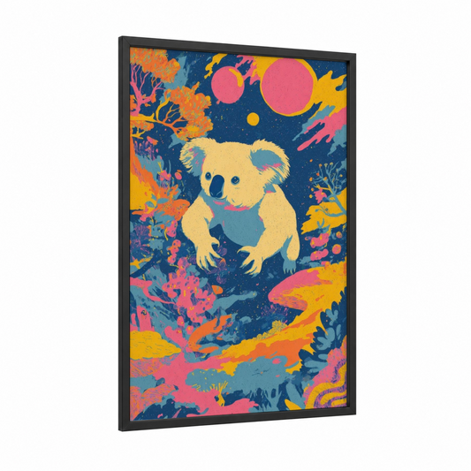 Cosmic Koala framed art print — black wood frame — blue and orange palette