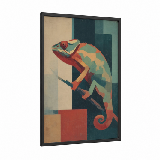 Geometric Chameleon framed art print — black wood frame — red and teal palette