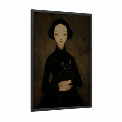 Gothic Elegance framed vampire print — black wood frame — black and cream palette