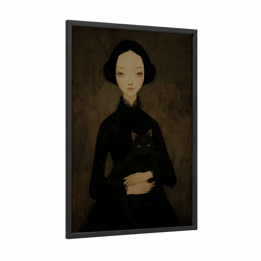 Gothic Elegance framed vampire print — black wood frame — black and cream palette