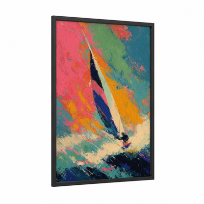 Colorful Windsurfer framed windsurfing print — black wood frame — pink and teal palette