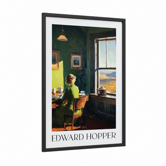 Mountain View Window framed art print — black wood frame — dark green and gold palette