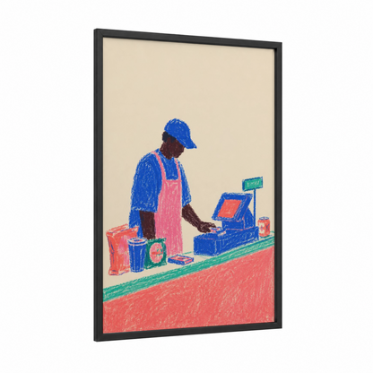Cashier at Work Modern Wall Art framed store print — black wood frame — blue and salmon pink palette