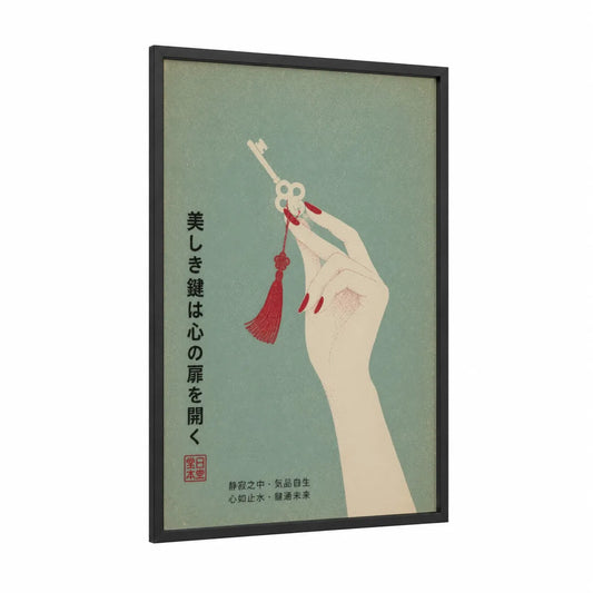 Vintage Japanese Key Hand Wall Art framed nail print — black wood frame — sage green and cream palette